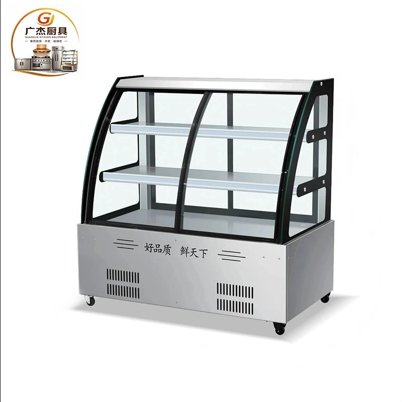 Commercial cold dish cabinet series with curved glass, covering 1.0–2.0 m lengths