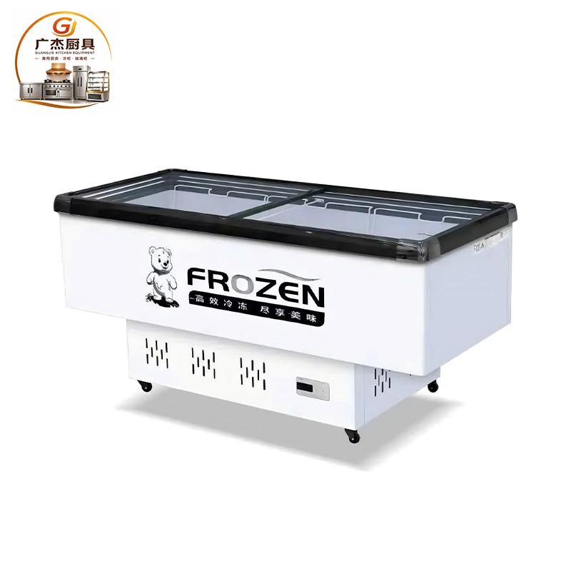 Commercial flat-glass island freezer for packaged frozen food