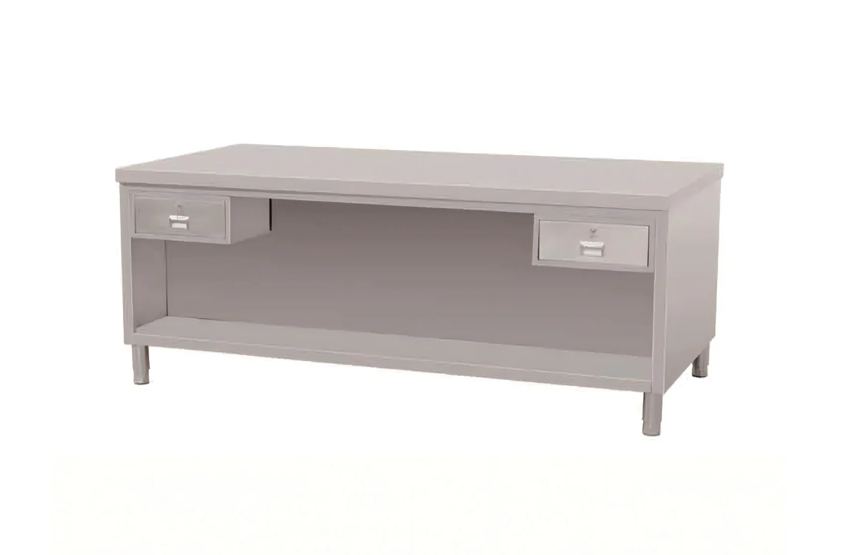 Cabinet work table with doors and drawers, showing two drawers and a flip-up door