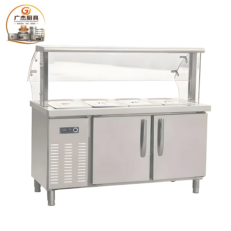 Alternate view of a commercial refrigerated food serving counter with glass