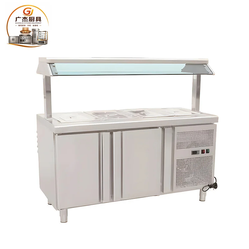 Commercial refrigerated food serving counter with glass