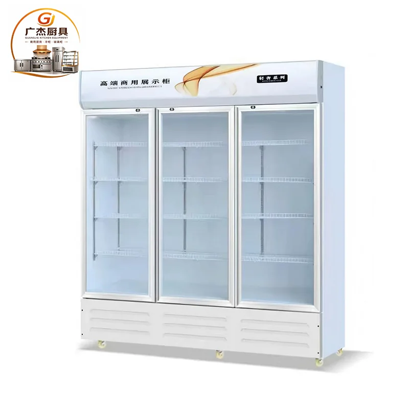 Detail view of commercial upright glass-door beverage display chiller