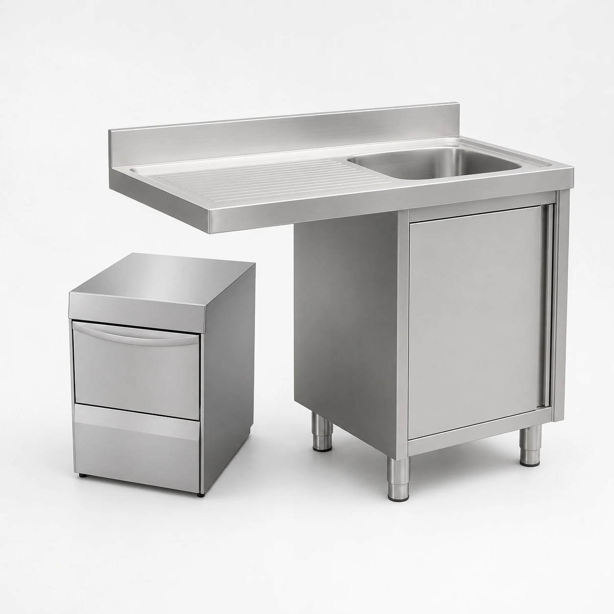 Stainless steel sink unit with drainboard and storage cabinet