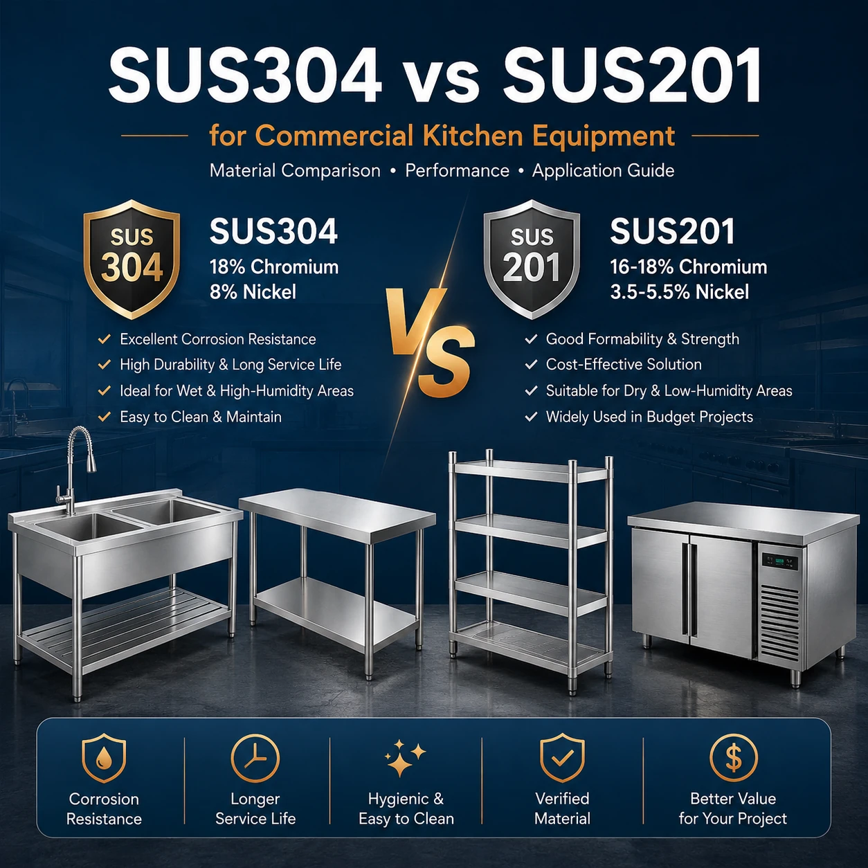 SUS304 and SUS201 commercial kitchen equipment materials