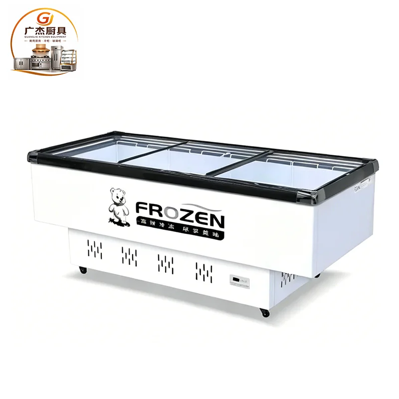 T shape flat glass island freezer, alternate cabinet view