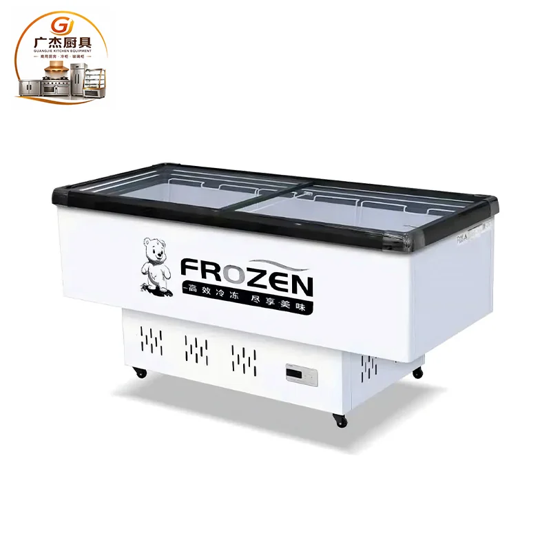T shape flat glass island freezer, front three-quarter view